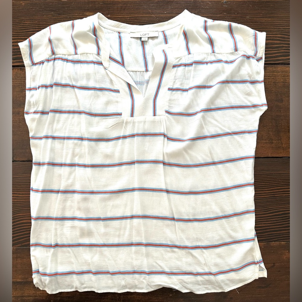 LOFT White Blouse with Light Blue and Orange Stripes